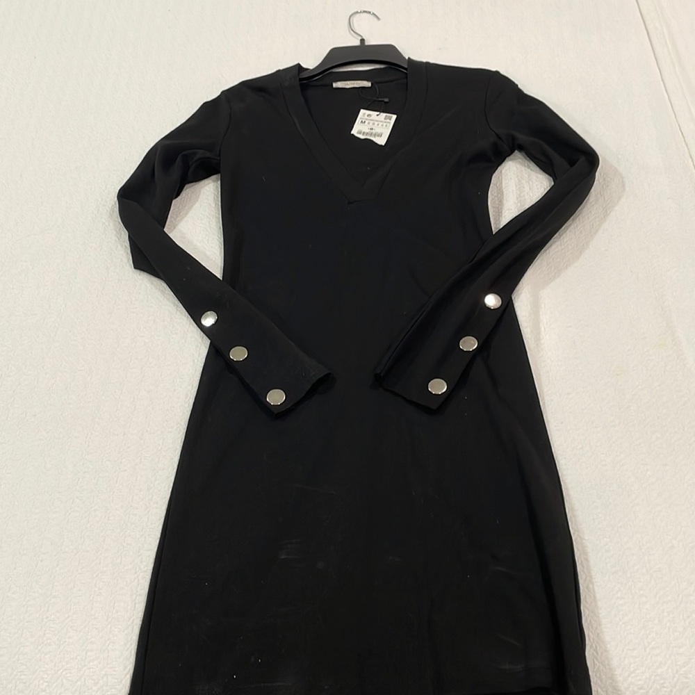 Zara Black Long Sleeve MIDI Dress with Silver buttons on the wrist/forearm area